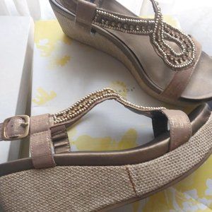 SUPER CUTE - Yellow Box Wedge Sandals, Beaded Leather and Canvas Size 6.5